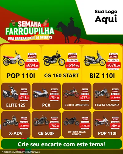 Modelo de Rede Social para Feed Instagram com o tema Semana Farroupilha - Uma Barbaridade de Ofertas para Concessionaria de Motos