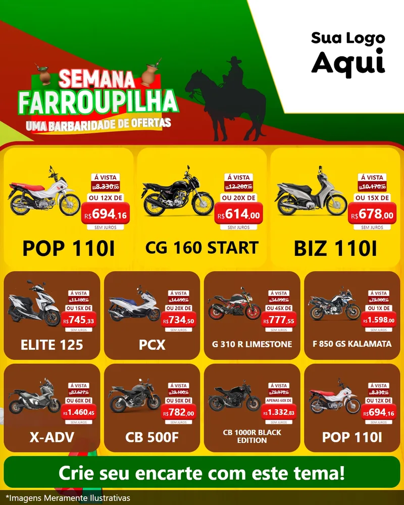 Modelo de Rede Social para Feed Instagram com o tema Semana Farroupilha - Uma Barbaridade de Ofertas para Concessionaria de Motos