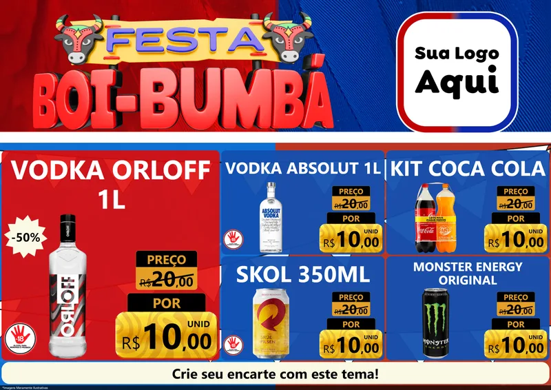 Modelo de Encarte para Encarte A4 Horizontal com o tema Festa Boi Bumbá para Distribuidora de bebidas