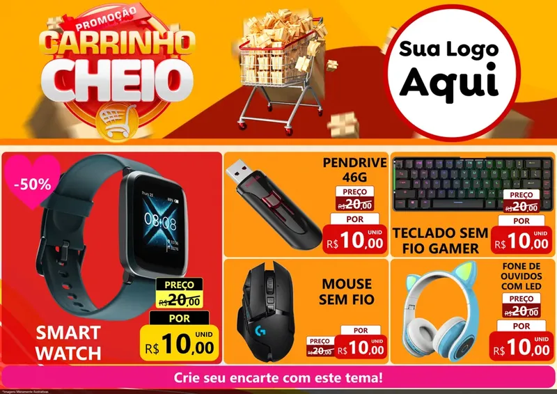 Modelo de Encarte para Encarte A4 Horizontal com o tema Promoção carrinho cheio para Informática