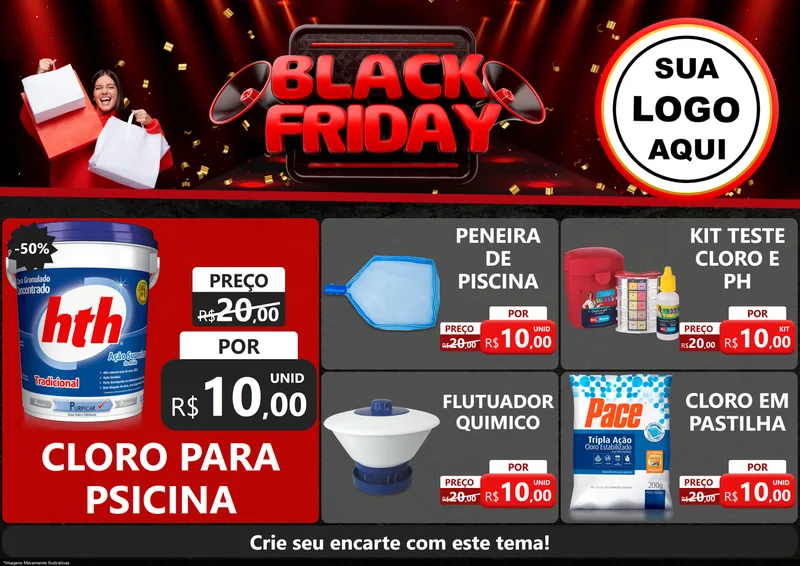 Modelo de Encarte para Encarte A4 Horizontal com o tema Black Friday para Produtos para Piscina