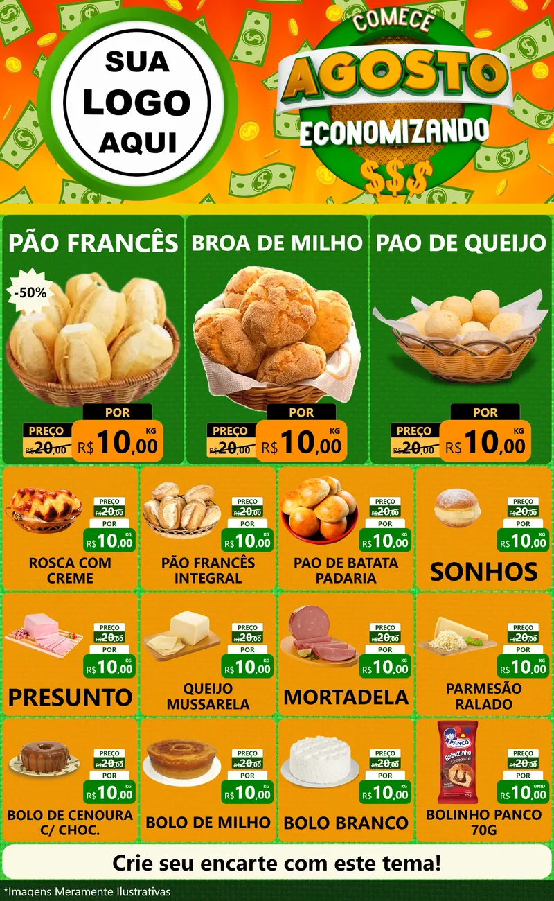 Modelo de Encarte para Encarte Grande com o tema Comece Agosto Economizando para Padaria