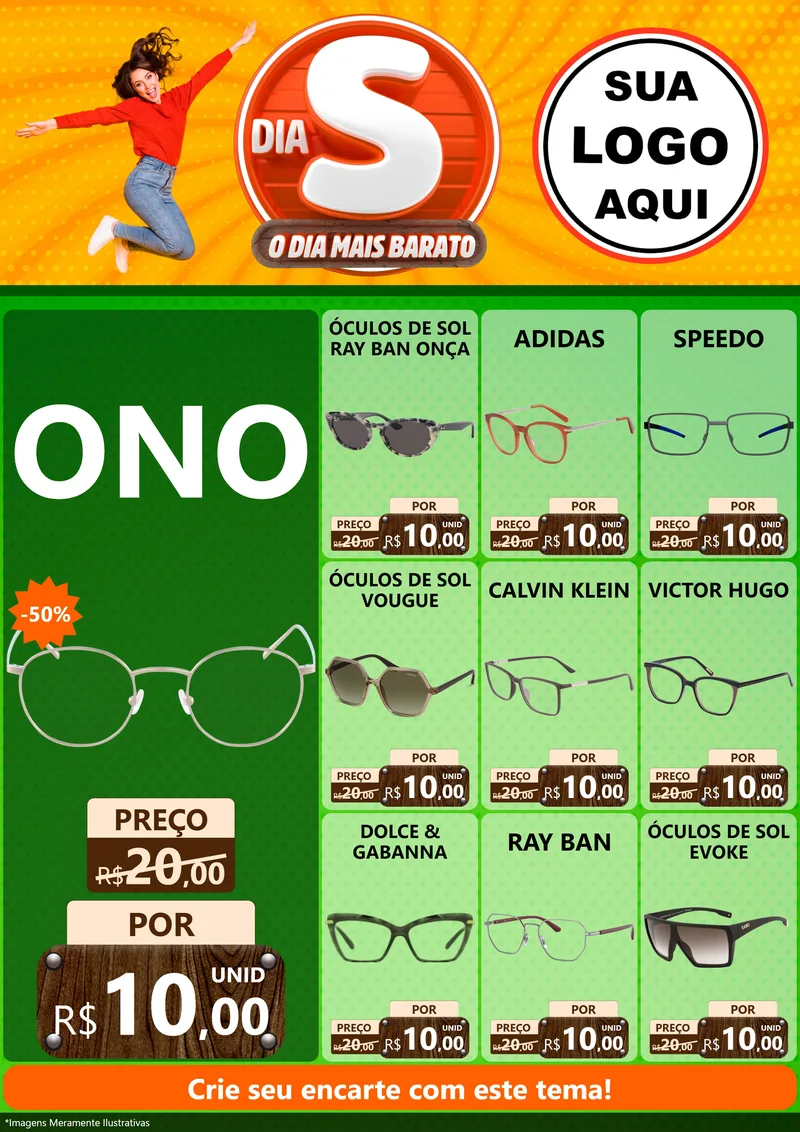 Modelo de Encarte para Encarte A4 Vertical com o tema Dia S - O Dia Mais Barato para Óticas