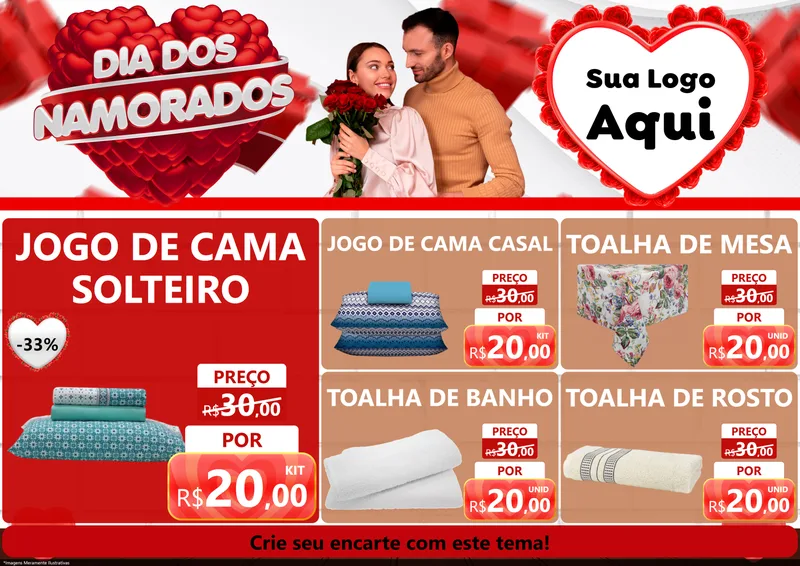 Modelo de Encarte para Encarte A4 Horizontal com o tema Dia dos Namorados para Cama, Mesa e Banho