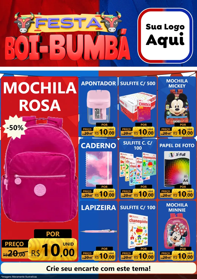 Modelo de Encarte para Encarte A4 Vertical com o tema Festa Boi Bumbá para Papelaria