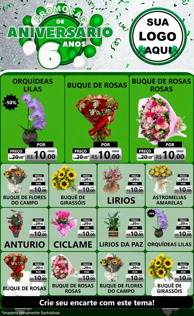 Modelo de Encarte para Encarte Grande com o tema Promoção de Aniversário - 6 Anos para Floricultura e jardim