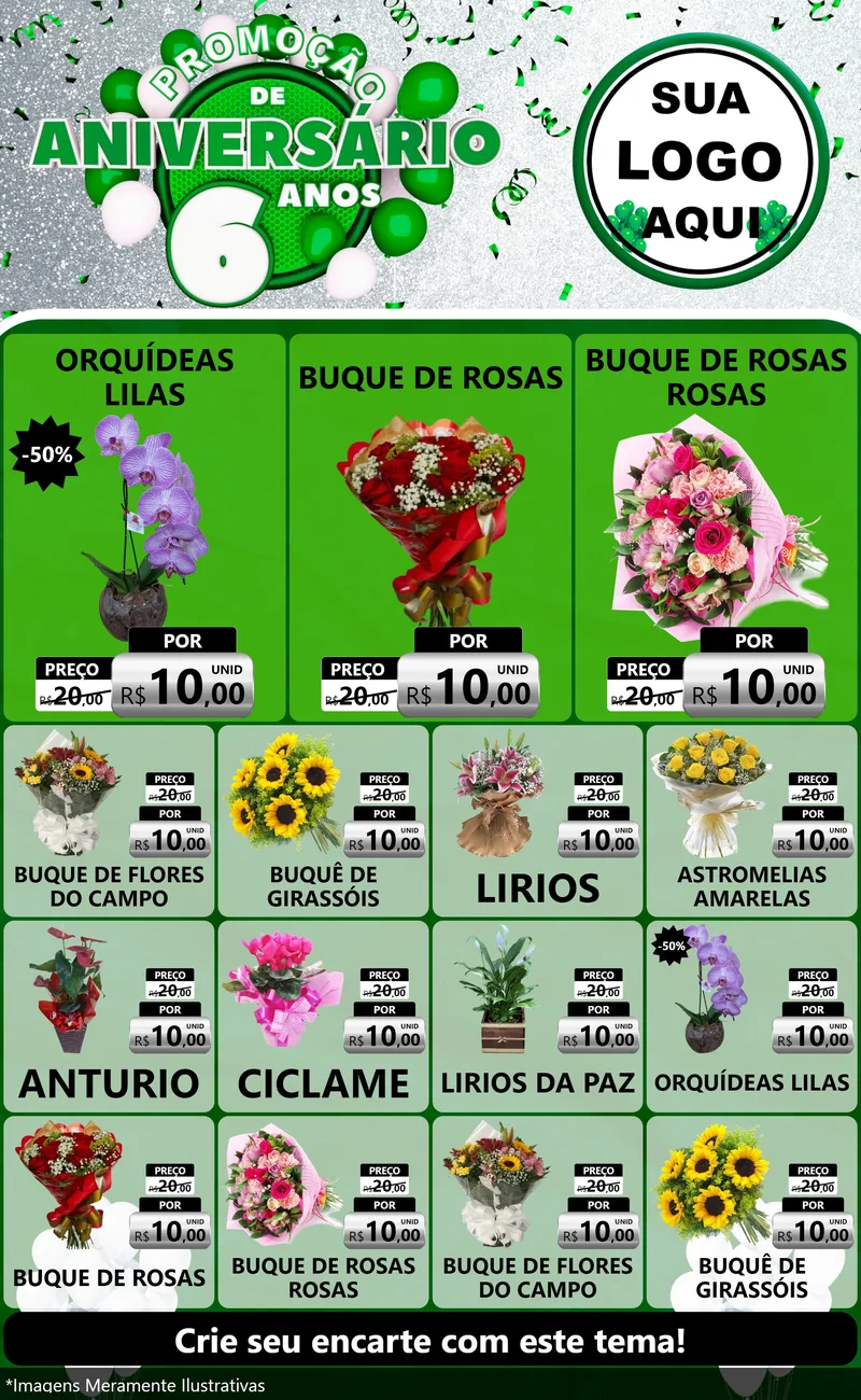 Modelo de Encarte para Encarte Grande com o tema Promoção de Aniversário - 6 Anos para Floricultura e jardim