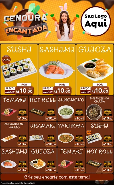 Modelo de Encarte para Encarte Grande com o tema Cenoura Encantada - Páscoa para Comida japonesa
