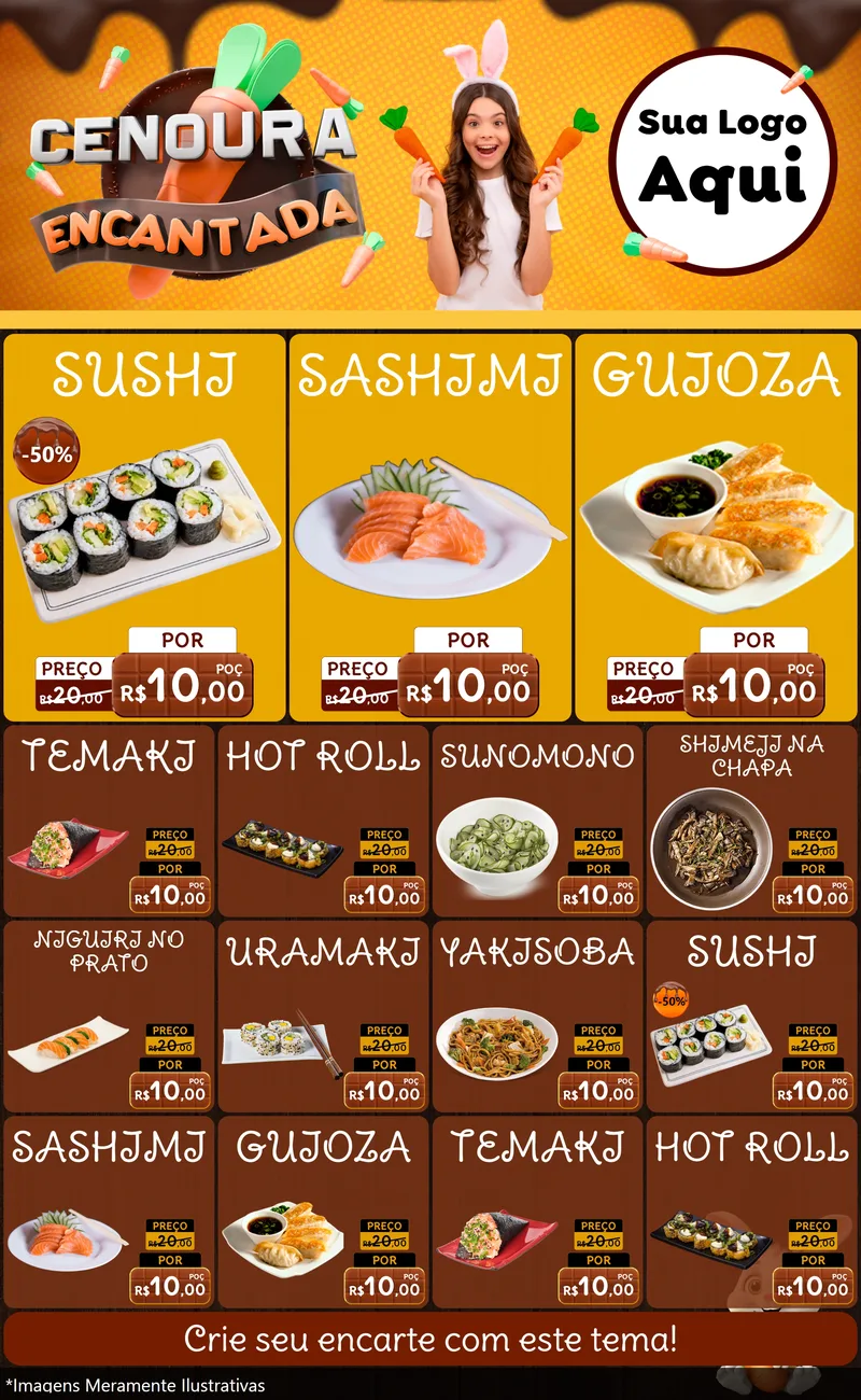 Modelo de Encarte para Encarte Grande com o tema Cenoura Encantada - Páscoa para Comida japonesa