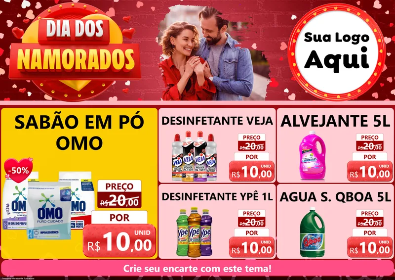 Modelo de Encarte para Encarte A4 Horizontal com o tema Dia Dos Namorados para Produtos de Limpeza