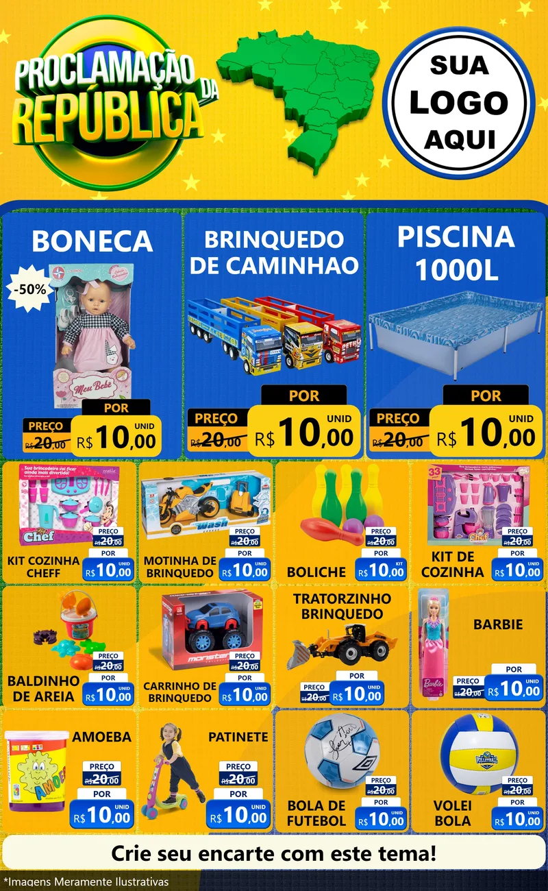 Modelo de Encarte para Encarte Grande com o tema Proclamação da República para Brinquedos