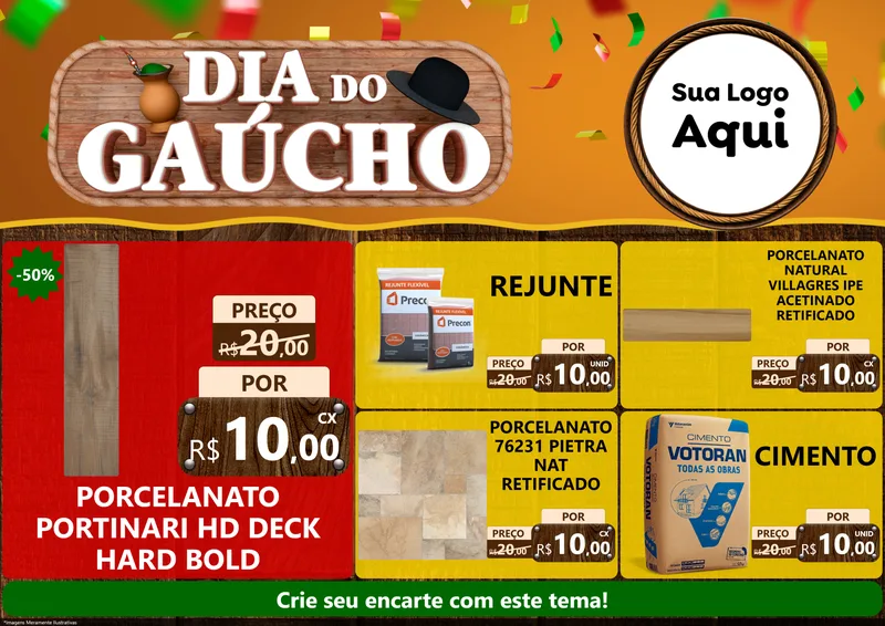 Modelo de Encarte para Encarte A4 Horizontal com o tema Dia do Gaúcho para Pisos e revestimentos