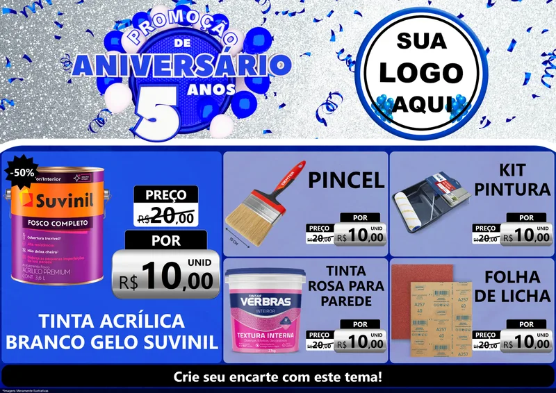 Modelo de Encarte para Encarte A4 Horizontal com o tema Promoção de Aniversário - 5 Anos para Tintas e Ferramentas