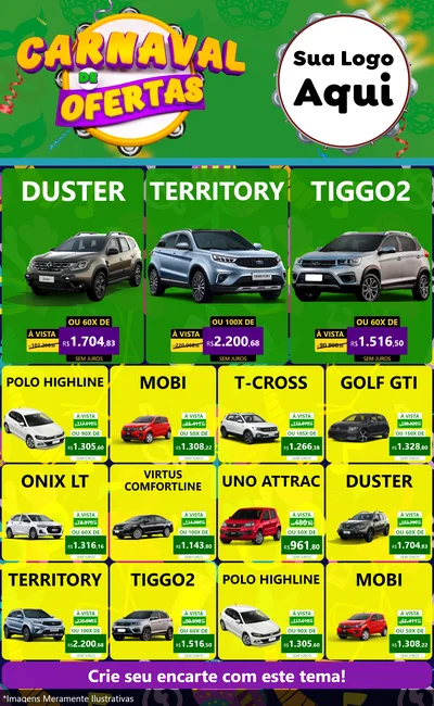 Modelo de Encarte para Encarte Grande com o tema Carnaval de Ofertas para Concessionaria de Carros