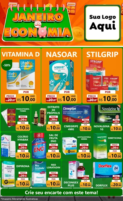 Modelo de Encarte para Encarte Grande com o tema Janeiro da Economia para Farmácia