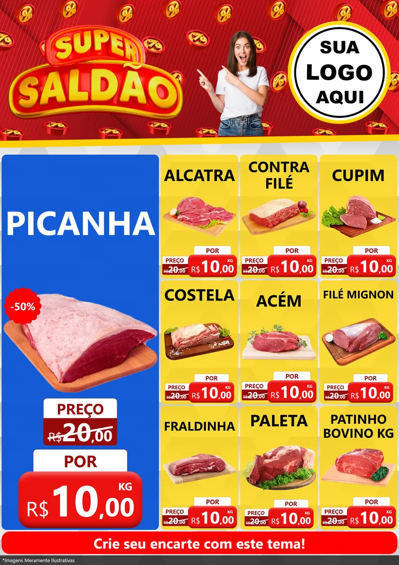 Modelo de Encarte para Encarte A4 Vertical com o tema Super Saldão para Açougue