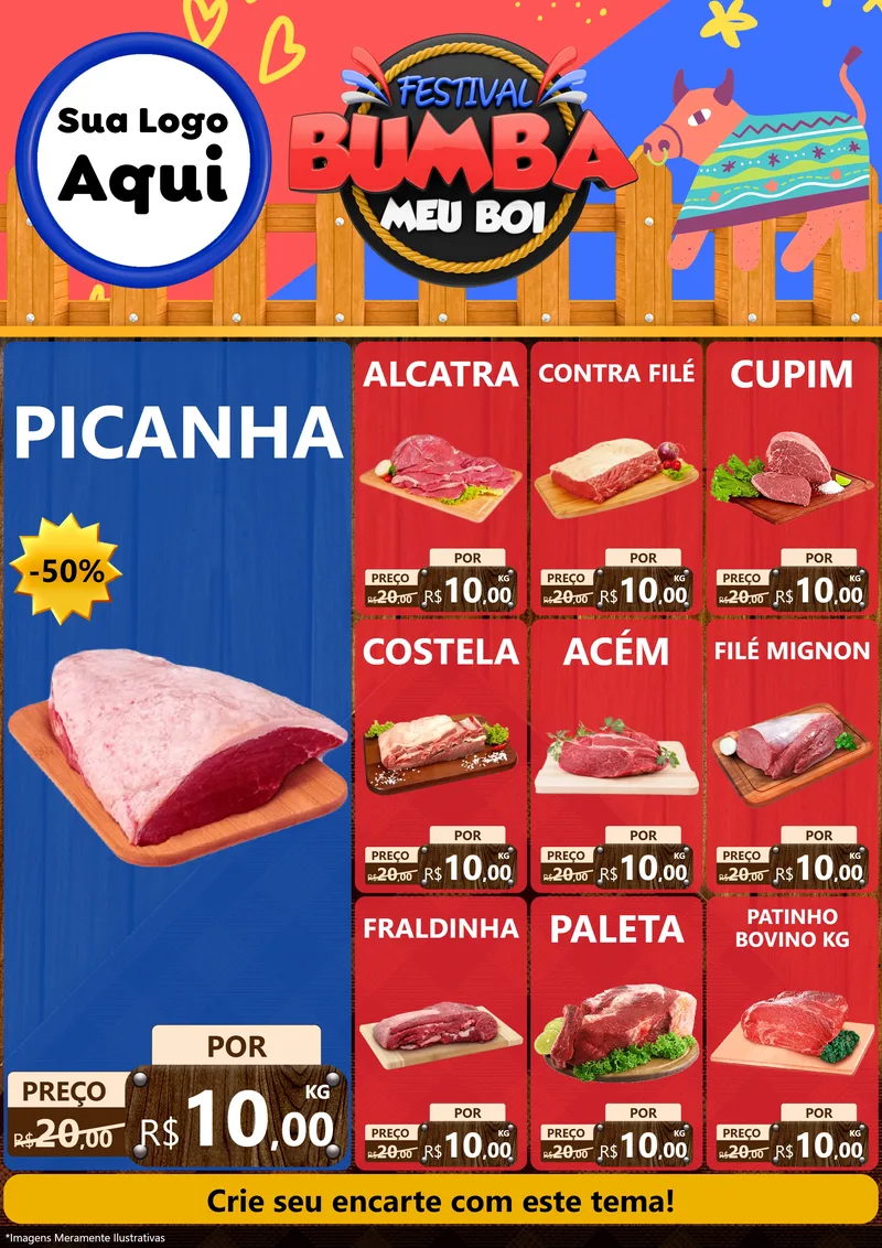 Modelo de Encarte para Encarte A4 Vertical com o tema Festival Bumba Meu Boi para Açougue