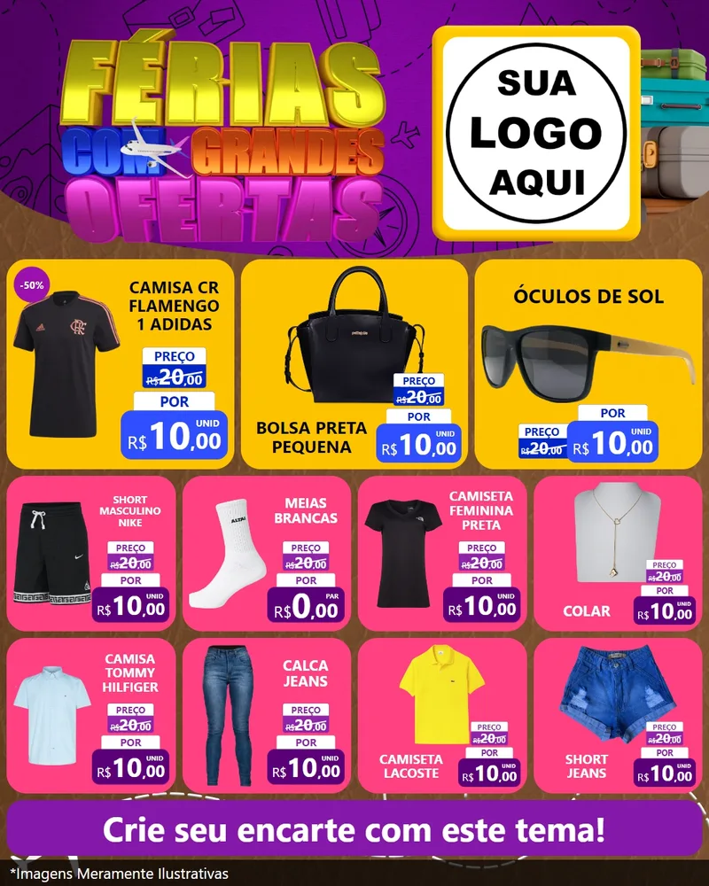 Modelo de Rede Social para Feed Instagram com o tema Férias com Grandes Ofertas para Roupas e acessórios