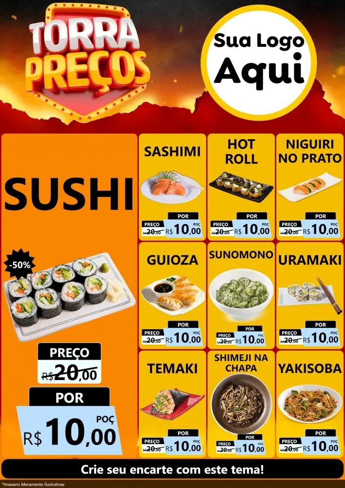 Modelo de Encarte para Encarte A4 Vertical com o tema Torra Preços para Comida japonesa