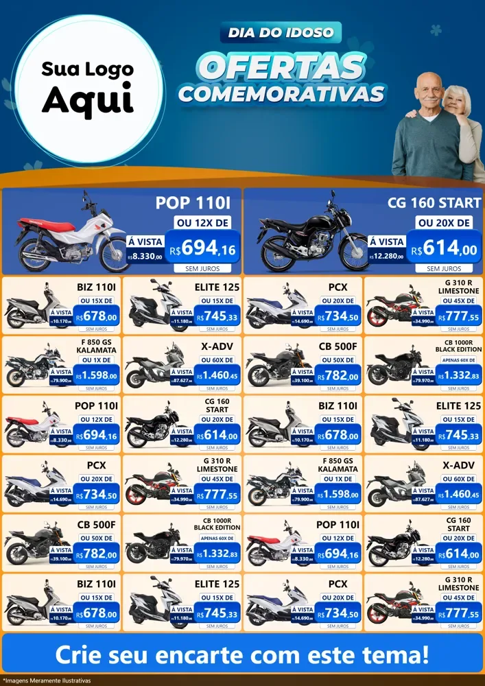 Modelo de Encarte para Encarte A4 Vertical com o tema Dia do Idoso para Concessionaria de Motos