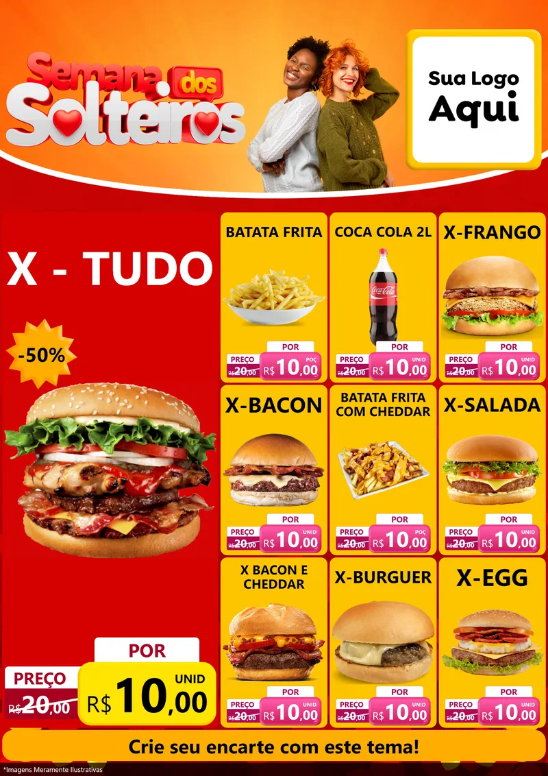 Modelo de Encarte para Encarte A4 Vertical com o tema Semana dos Solteiros para Hamburgueria