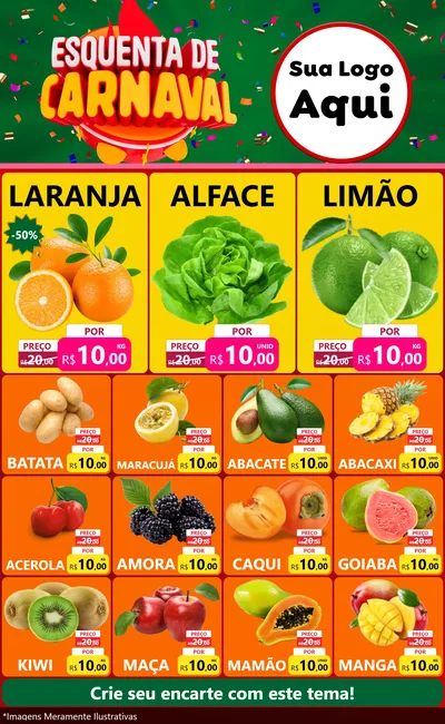 Modelo de Encarte para Encarte Grande com o tema Esquenta de Carnaval para Hortifrúti