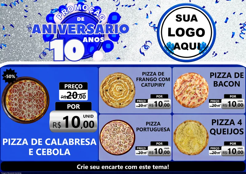 Modelo de Encarte para Encarte A4 Horizontal com o tema Promoção de Aniversário - 10 Anos para Pizzaria