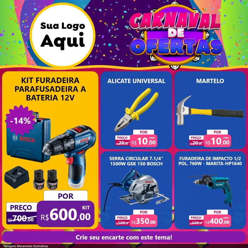 Modelo de Rede Social para Feed Facebook com o tema Carnaval de Ofertas para Maquinas e Ferramentas