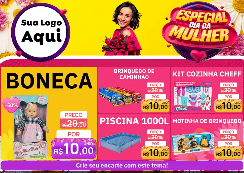 Modelo de Encarte para Encarte A4 Horizontal com o tema Especial Dia da Mulher para Brinquedos