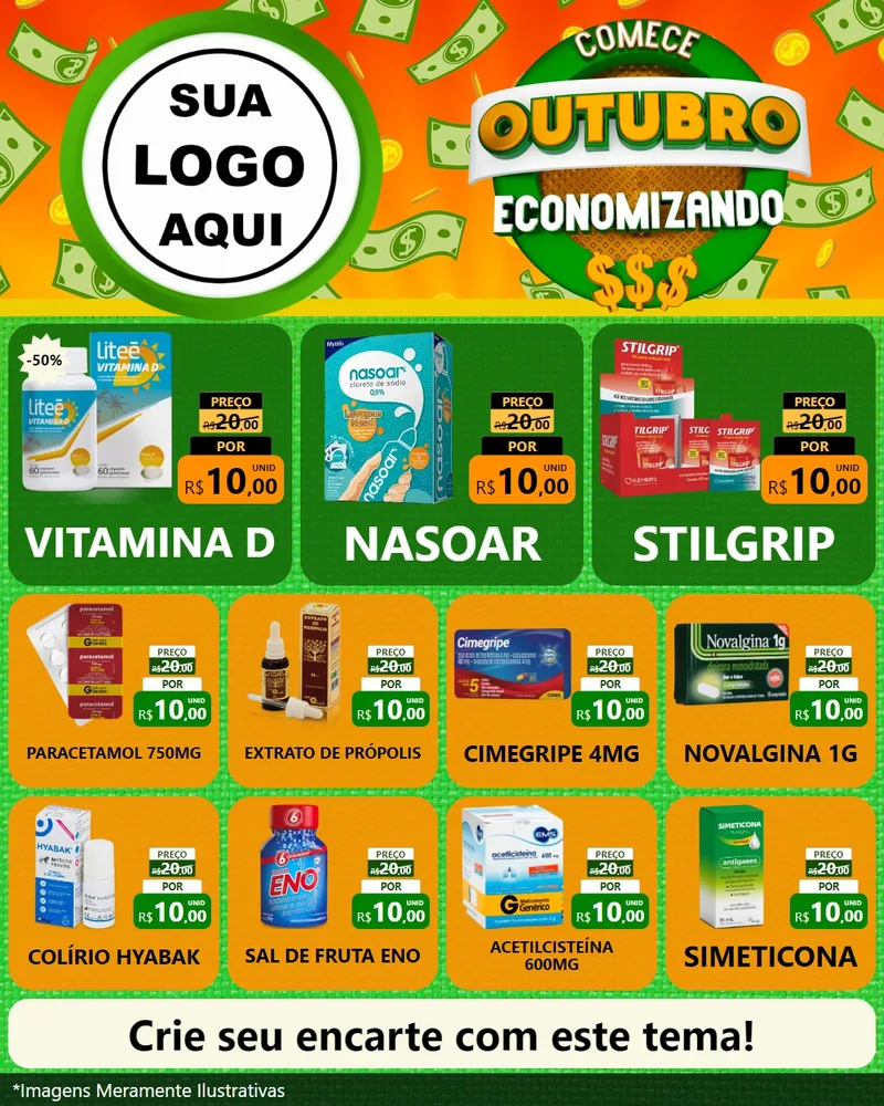 Modelo de Rede Social para Feed Instagram com o tema Comece Outubro Economizando para Farmácia