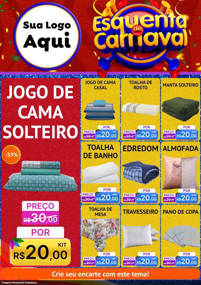 Modelo de Encarte para Encarte A4 Vertical com o tema Esquenta de Carnaval para Cama, Mesa e Banho