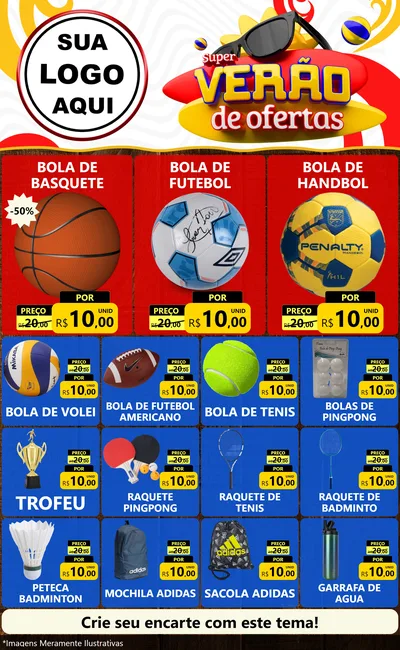 Modelo de Encarte para Encarte Grande com o tema Super Verão de Ofertas para Artigos Esportivos