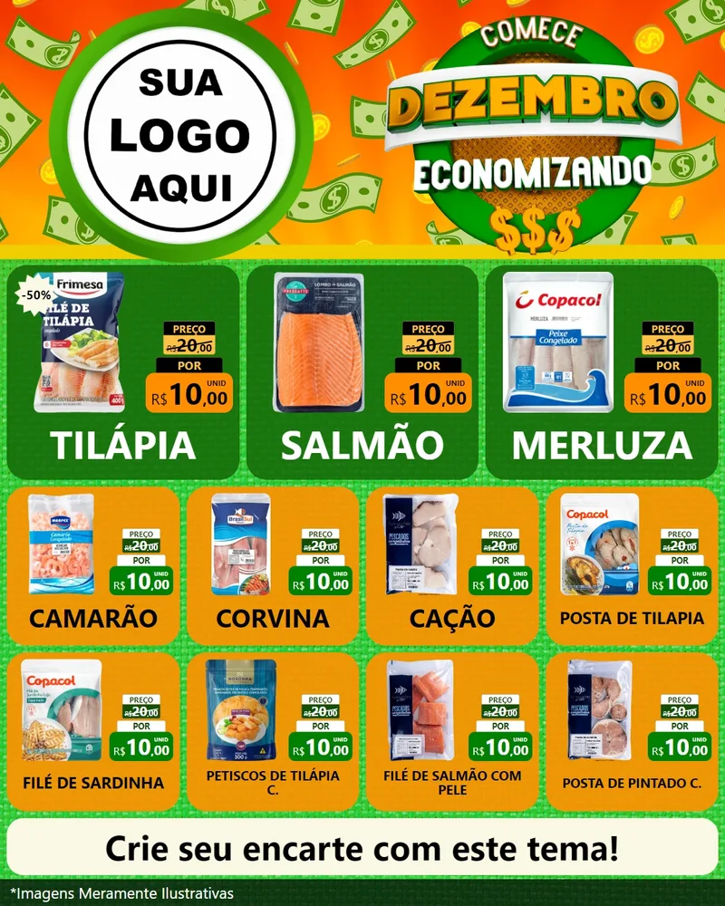 Modelo de Rede Social para Feed Instagram com o tema Comece Dezembro Economizando para Peixaria