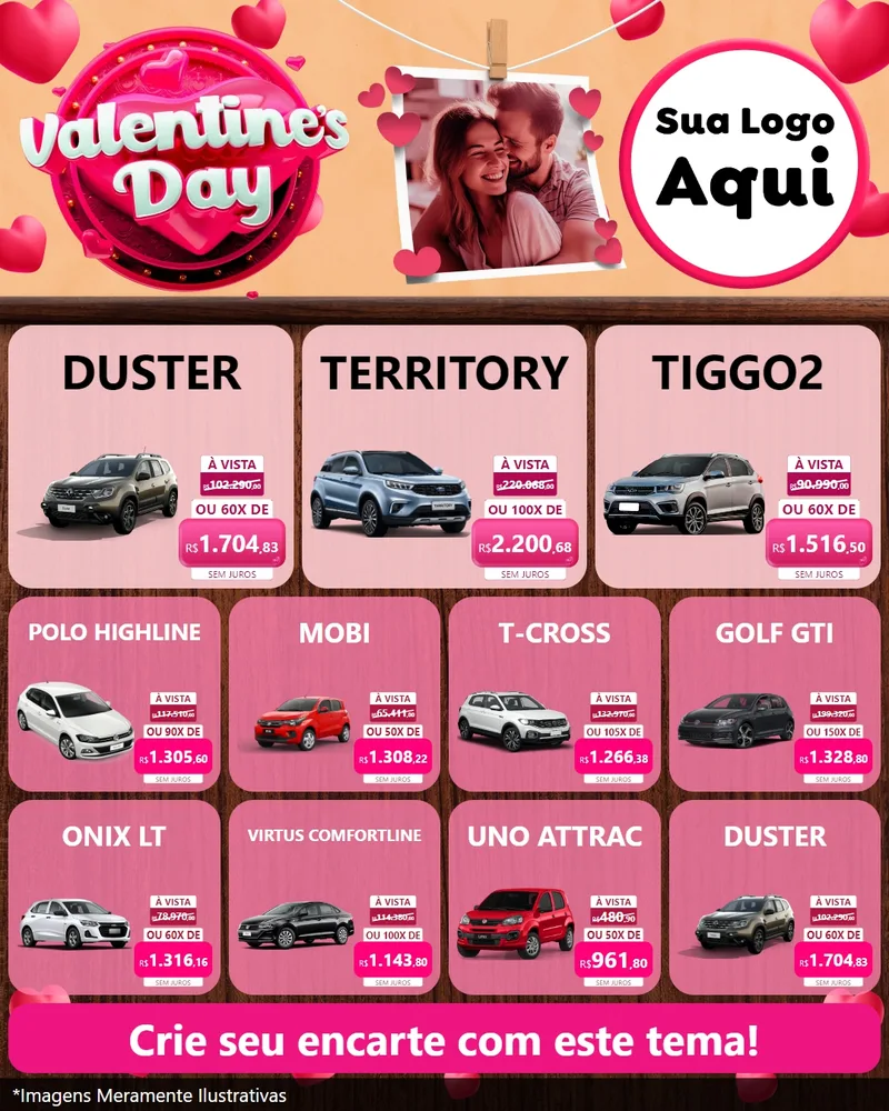 Modelo de Rede Social para Feed Instagram com o tema Valentine's Day para Concessionaria de Carros