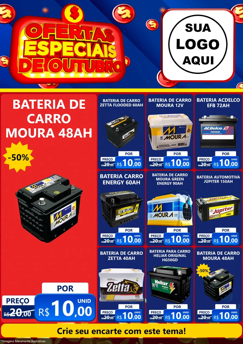 Modelo de Encarte para Encarte A4 Vertical com o tema Ofertas Especiais de Outubro para Baterias Elétricas