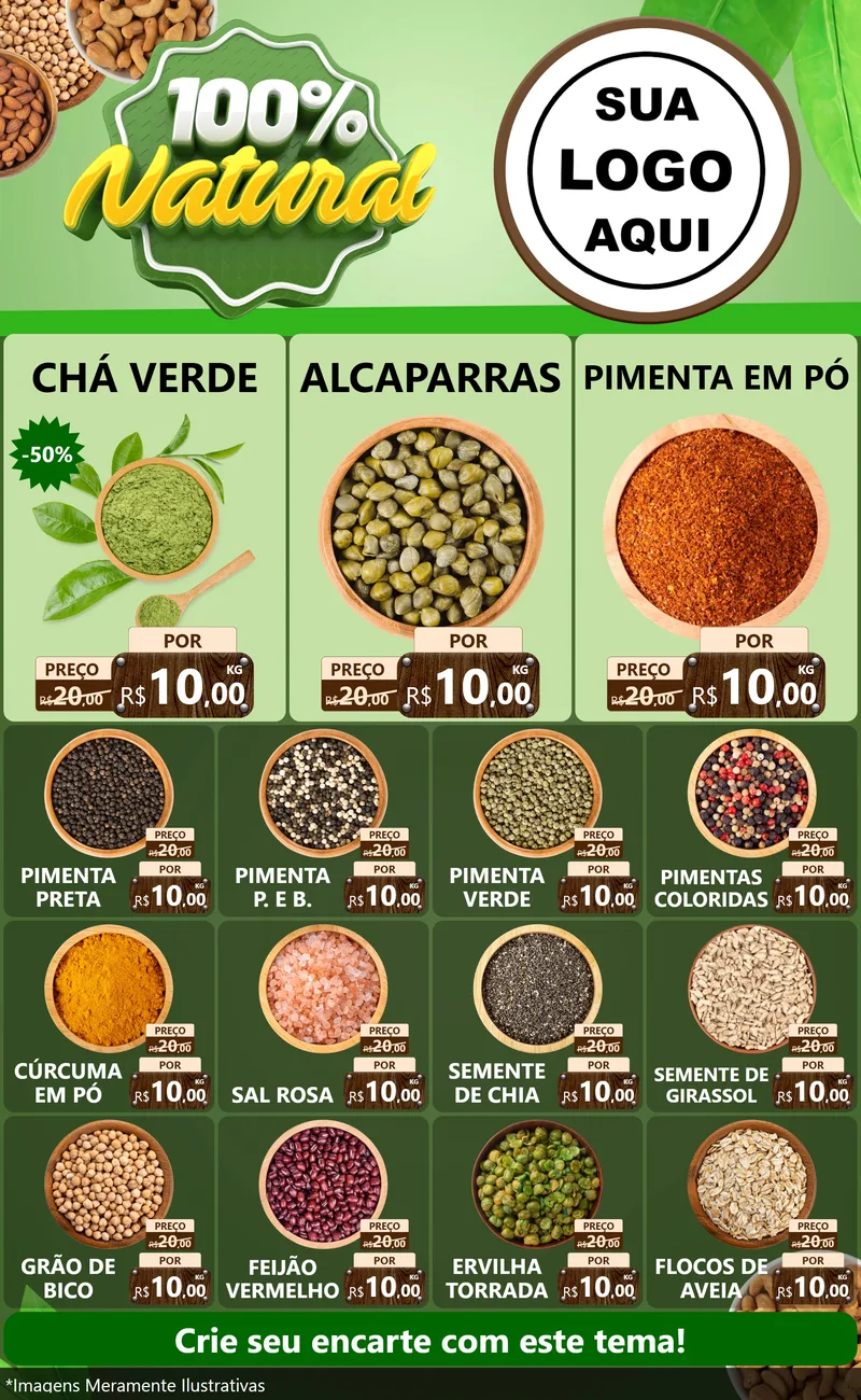 Modelo de Encarte para Encarte Grande com o tema 100% Natural para Produtos Naturais