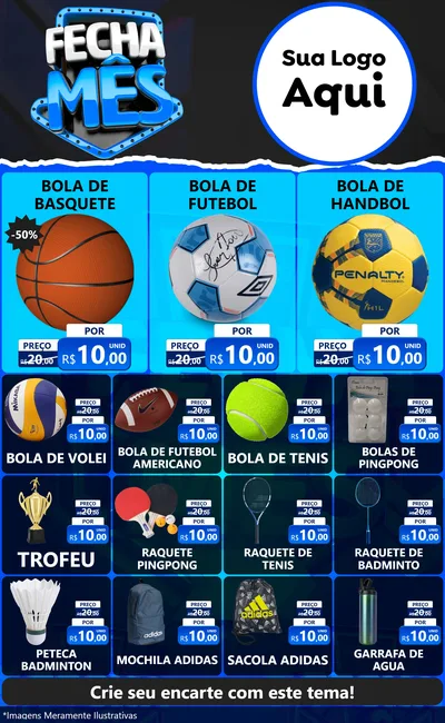 Modelo de Encarte para Encarte Grande com o tema Fecha Mês para Artigos Esportivos