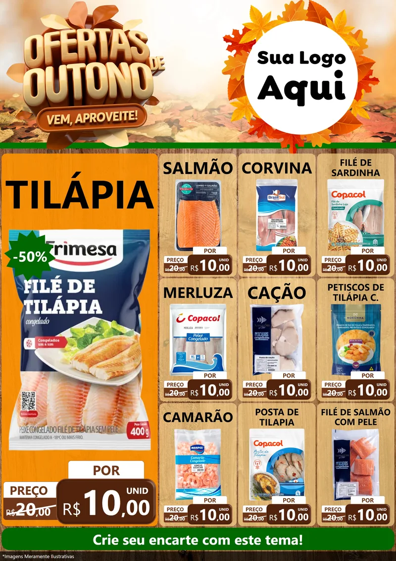 Modelo de Encarte para Encarte A4 Vertical com o tema Ofertas de Outono - Vem, Aproveite! para Peixaria