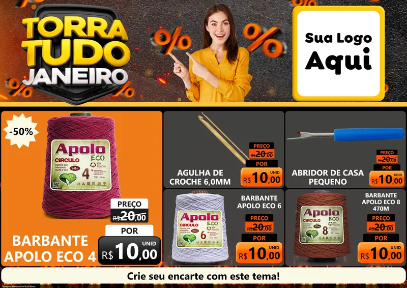 Modelo de Encarte para Encarte A4 Horizontal com o tema Torra Tudo Janeiro para Armarinho e Aviamentos