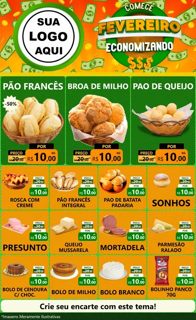 Modelo de Encarte para Encarte Grande com o tema Comece Fevereiro Economizando para Padaria