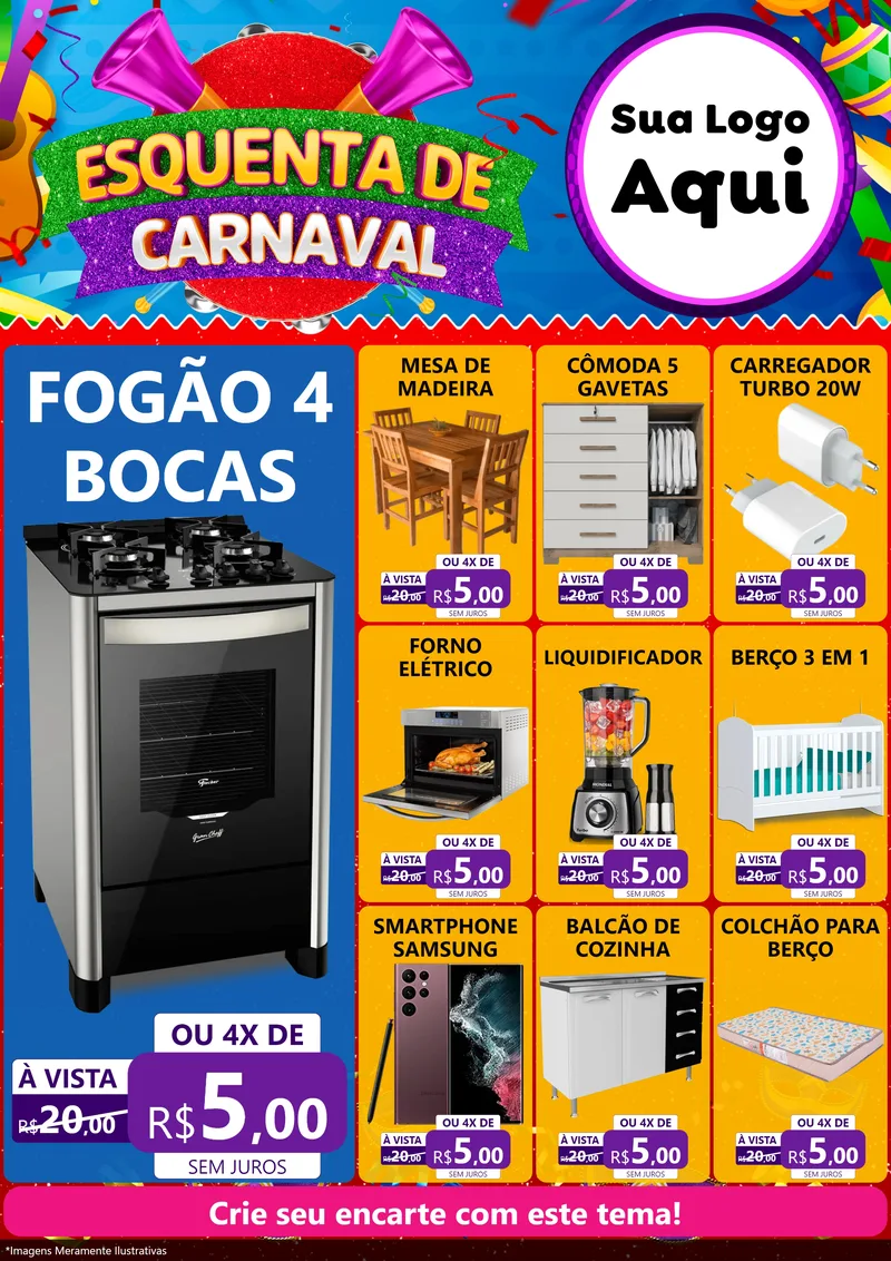 Modelo de Encarte para Encarte A4 Vertical com o tema Esquenta de Carnaval para Móveis e Eletro