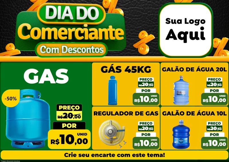 Modelo de Encarte para Encarte A4 Horizontal com o tema Dia do Comerciante com Descontos para Água e gás