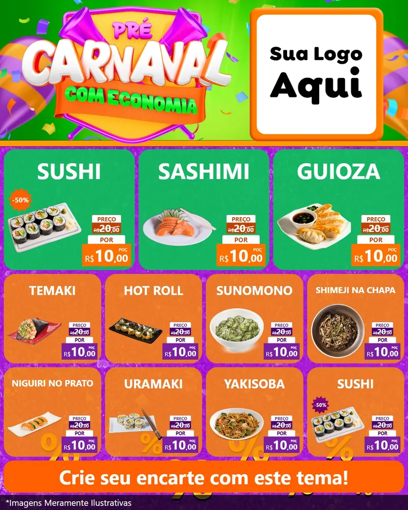 Modelo de Rede Social para Feed Instagram com o tema Pré-Carnaval Com Economia para Comida japonesa