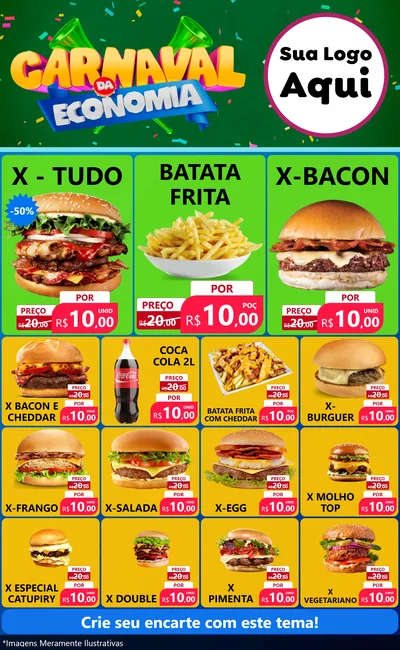 Modelo de Encarte para Encarte Grande com o tema Carnaval da Economia para Hamburgueria
