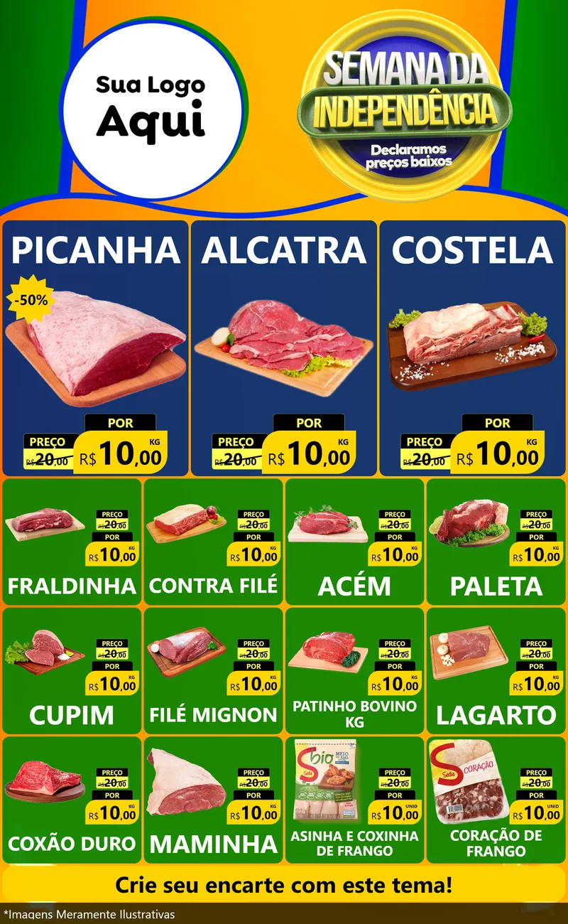 Modelo de Encarte para Encarte Grande com o tema Semana da Independência Declaramos Preços Baixos para Açougue