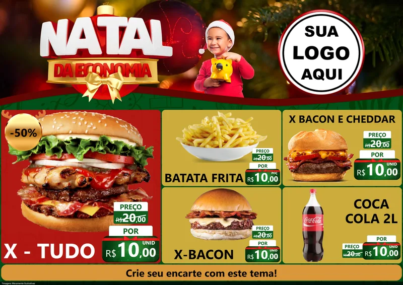 Modelo de Encarte para Encarte A4 Horizontal com o tema Natal da Economia para Hamburgueria