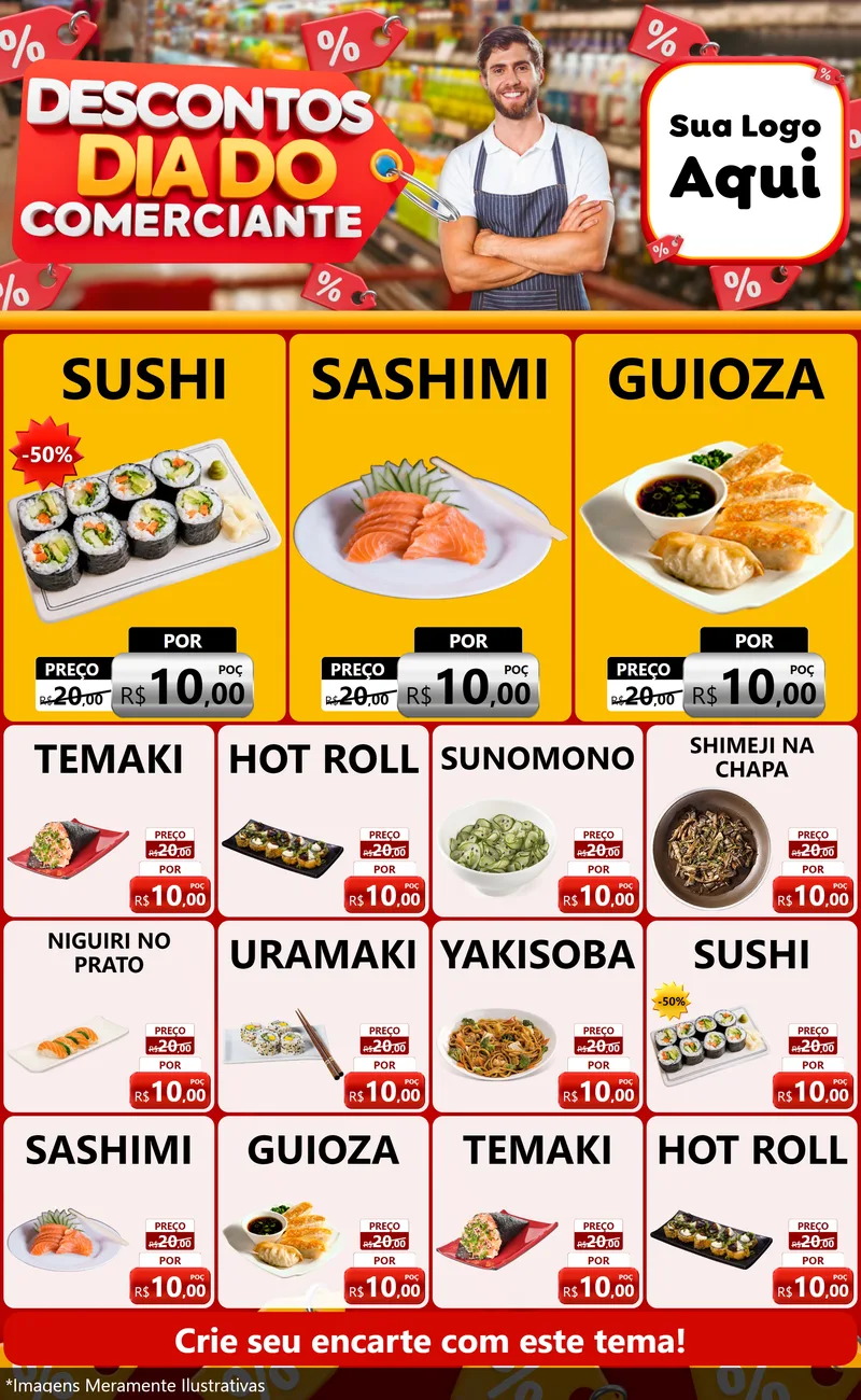 Modelo de Encarte para Encarte Grande com o tema Descontos Dia do Comerciante para Comida japonesa
