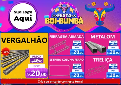 Modelo de Encarte para Encarte A4 Horizontal com o tema Festa Boi-Bumbá para Ferragens