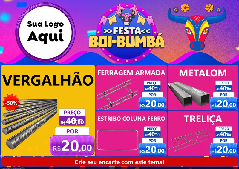 Modelo de Encarte para Encarte A4 Horizontal com o tema Festa Boi-Bumbá para Ferragens