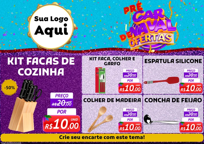 Modelo de Encarte para Encarte A4 Horizontal com o tema Pré Carnaval de Ofertas para Utilidades Domésticas